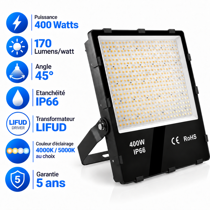 Projecteur LED filaire - Série CITY PLUS EVO V3 - 400 Watts - 68 000 Lumens - 170 Lumens/Watt - Angle 45° -  IP66 - 45 x 38 x 6 cm - Transformateur LIFUD  - 4000K/5000K au choix - Garantie 5 ans