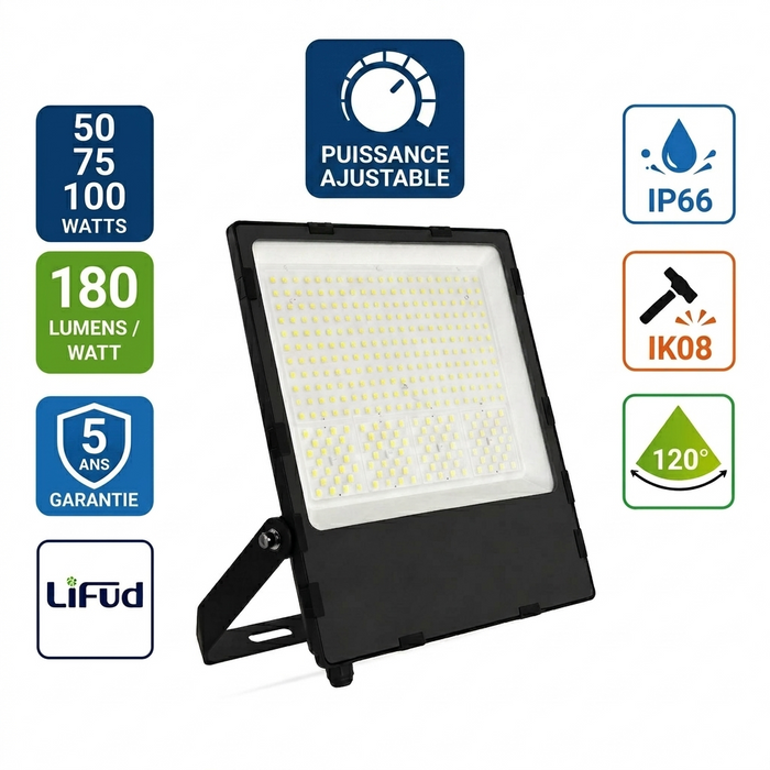 Projecteur LED filaire - Série CITY PLUS V4 - Puissance ajustable 50 / 75 / 100 Watts - CCT (Couleur Changeante en Température) - 180 Lumens/Watt - 120° - IP66 - 35 x 30 x 27 cm - Protection à l'impact IK08 - Transformateur LIFUD - Garantie 5 ans