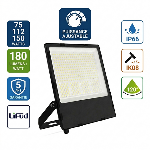 Projecteur LED filaire - Série CITY PLUS V4 - Puissance ajustable 75 / 112 / 150 Watts - CCT (Couleur Changeante en Température) - 180 Lumens/Watt - 120° - IP66 - 40 x 35 x 32 cm - Protection à l'impact IK08 - Transformateur LIFUD - Garantie 5 ans