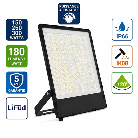 Projecteur LED filaire - Série CITY PLUS V4 - Puissance ajustable 150 / 225 / 300 Watts  - CCT (Couleur Changeante en Température) - 180 Lumens/Watt - 120° - IP66 - 50 x 40 x 4 cm - Protection à l'impact IK08 - Transformateur LIFUD - Garantie 5 ans
