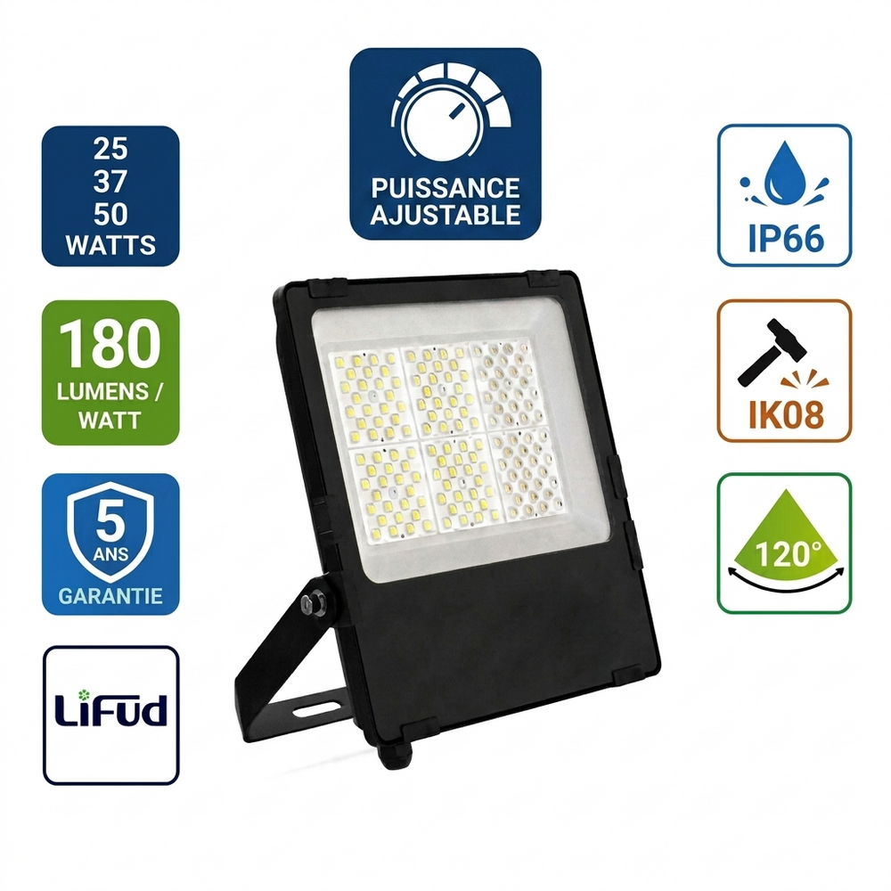 Projecteur LED filaire - Série CITY PLUS V4 - Puissance ajustable 25 / 37 / 50 Watts - CCT (Couleur Changeante en Température) - 180 Lumens/Watt - 120° - IP66 - 30 x 25 x 22 cm - Protection à l'impact IK08 - Transformateur LIFUD - Garantie 5 ans