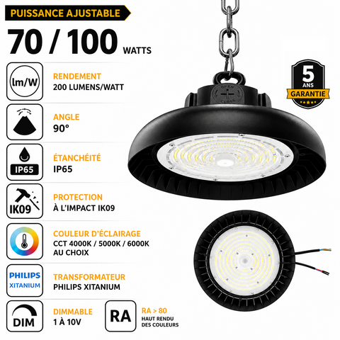 Lampe industrielle UFO - Série CROSSOVER V3 - Puissance ajustable 70 / 100 Watts - 20 000 Lumens - 200 Lumens/Watt - Angle 90° - IP65 - IK09 - 255 x 110 mm - 4000k / 5000k / 6000k au choix - Dimmable 1-10V - Transformateur PHILIPS - Garantie 5 ans