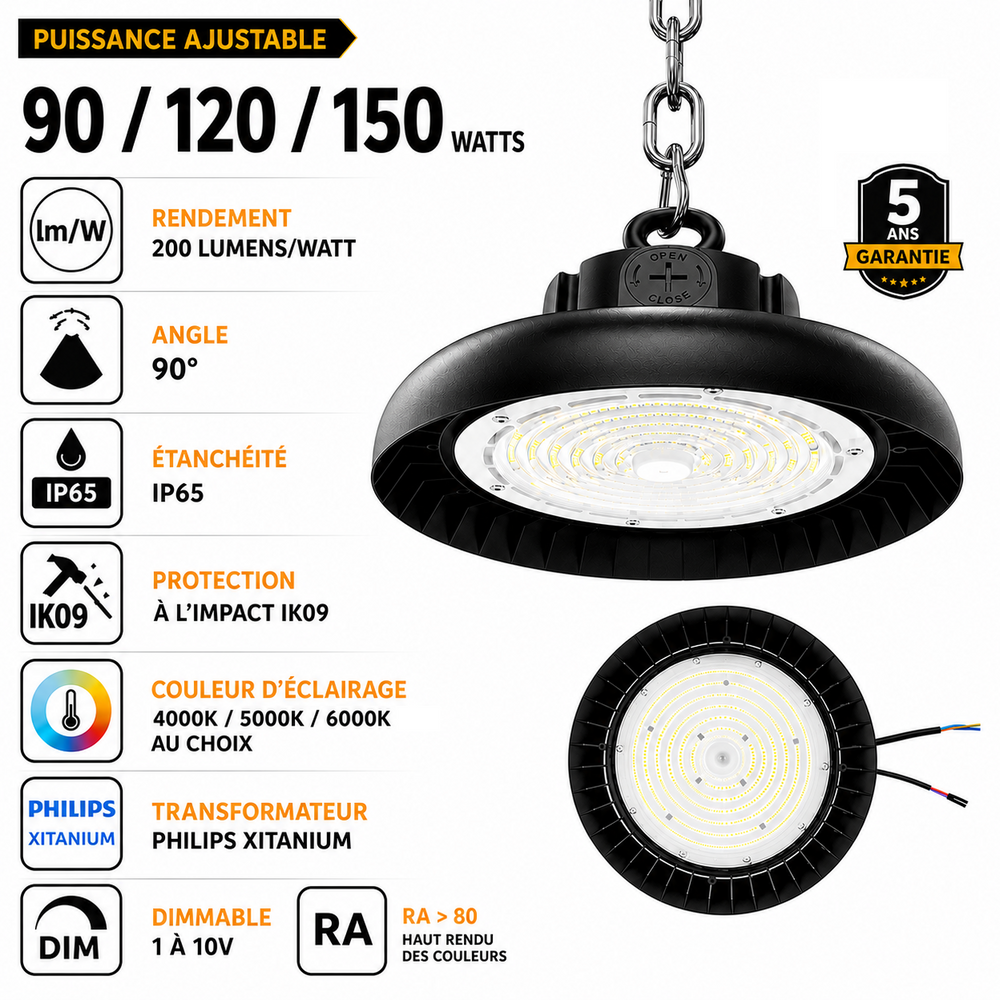 Lampe industrielle UFO - Série CROSSOVER V3 - Puissance ajustable 90/120/150 Watts - 30 000 Lumens - 200 Lumens/Watt - Angle 90° - IP65 - IK09 - 300 x 110 mm - 4000k / 5000k / 6000k au choix - Dimmable 1-10V - Transformateur PHILIPS - Garantie 5 ans