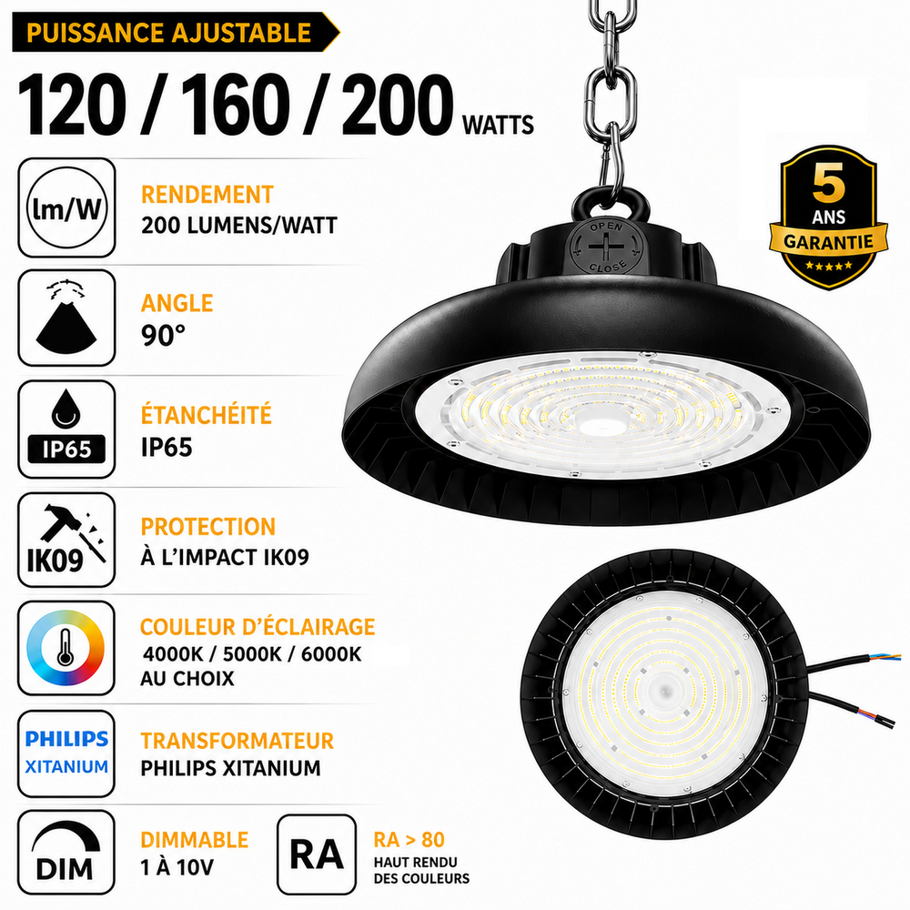 Lampe industrielle UFO - Série CROSSOVER V3 - Puissance ajustable 120/160/200 Watts - 30 000 Lumens - 200 Lumens/Watt - Angle 90° - IP65 - IK09 - 340 x 110 mm - 4000k / 5000k / 6000k au choix - Dimmable 1-10V - Transformateur PHILIPS - Garantie 5 ans