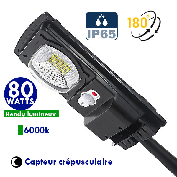 Lampe de rue solaire - Série CYCLOPE - Rendu lumineux 80 Watts - Angle éclairage 180 ° - IP65 - 25 x 14 x 4 cm - Avec capteur crépusculaire – Support mural intégré – Couleur 6000K