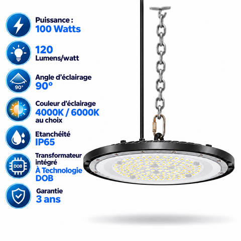 Lampe industrielle UFO - Série DIAMANT ECO à technologie DOB - 100 Watts - 12 000 Lumens - 120 Lumens/Watt - Angle 90° - IP65 - 26 x 3 cm - 4000K/6000K au choix - Garantie 3 ans