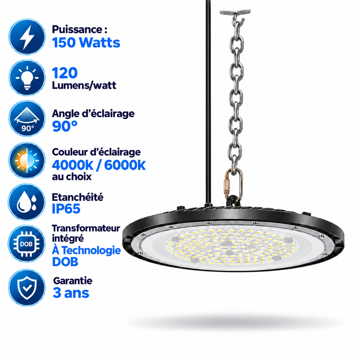 Lampe industrielle UFO - Série DIAMANT ECO à technologie DOB - 150 Watts - 18 000 Lumens - 120 Lumens/Watt - Angle 90° - IP65 - 29 x 9 cm - 4000K/6000K au choix - Garantie 3 ans