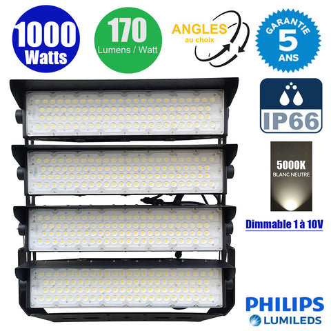Projecteur de stade filaire - Série EVASION V2 - 1000 Watts - 170 000 Lumens - 170 Lumens/Watt - Angle 20° / 40° / 60° / 90° au choix - IP66 - 63 x 59 x 24 cm - Transformateur PHILIPS Xitanium - 5000k - Dimmable 1-10V - Garantie 5 ans