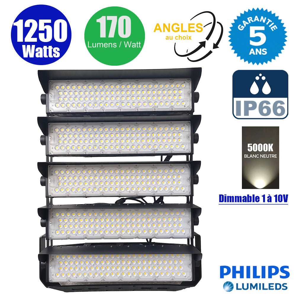 Projecteur de stade filaire - Série EVASION V2 - 1250 Watts - 212 500 Lumens - 170 Lumens/Watt - Angle 20° / 40° / 60° / 90° au choix - IP66 - 63 x 75 x 24 cm - Transformateur PHILIPS Xitanium - 5000k - Dimmable 1-10V - Garantie 5 ans