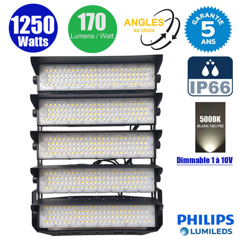 Projecteur de stade filaire - Série EVASION V2 - 1250 Watts - 212 500 Lumens - 170 Lumens/Watt - Angle 20° / 40° / 60° / 90° au choix - IP66 - 63 x 75 x 24 cm - Transformateur PHILIPS Xitanium - 5000k - Dimmable 1-10V - Garantie 5 ans