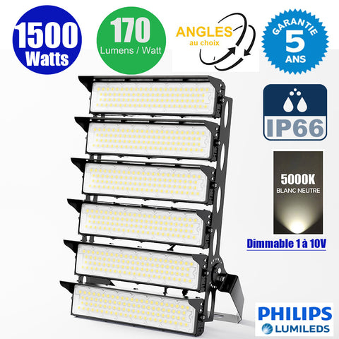 Projecteur de stade filaire - Série EVASION V2 - 1500 Watts - 255 000 Lumens - 170 Lumens/Watt - Angle 20° / 40° / 60° / 90° au choix - IP66 - 63 x 90 x 24 cm - Transformateur PHILIPS Xitanium - 5000k - Dimmable 1-10V - Garantie 5 ans