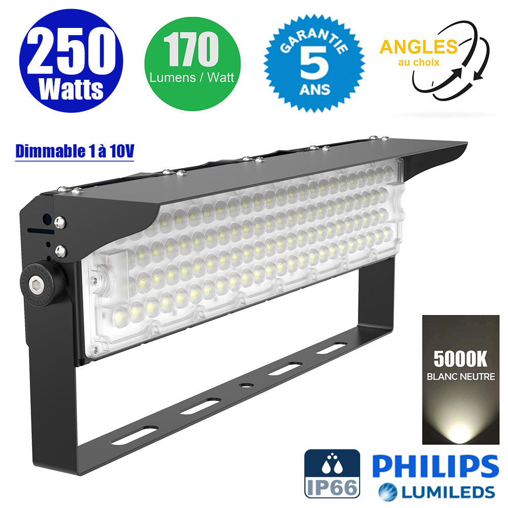 Projecteur de stade filaire - Série EVASION V2 - 250 Watts - 42 500 Lumens - 170 Lumens/Watt - Angle 20° / 40° / 60° / 90° au choix - IP66 - 59 x 20 x 19 cm - Transformateur PHILIPS Xitanium - 5000k - Dimmable 1-10V - Garantie 5 ans