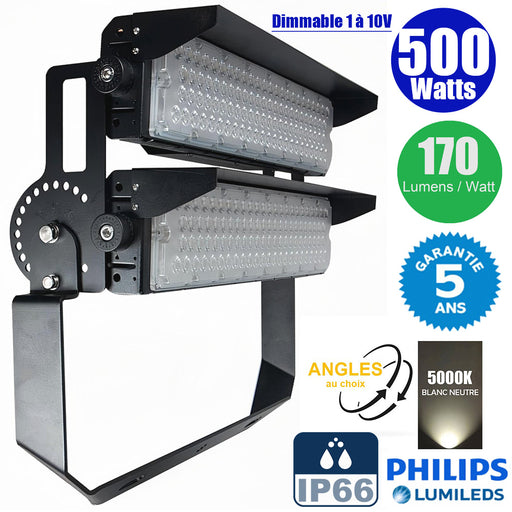Projecteur de stade filaire - Série EVASION V2 - 500 Watts - 85 000 Lumens - 170 Lumens/Watt - Angle 20° / 40° / 60° / 90° au choix - IP66 - 63 x 28 x 24 cm  - Transformateur PHILIPS Xitanium -5000k - Dimmable 1-10V - Garantie 5 ans