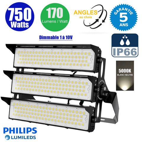Projecteur de stade filaire - Série EVASION V2 - 750 Watts - 127 500 Lumens - 170 Lumens/Watt - Angle  20° / 40° / 60° / 90° au choix - IP66 - 63 x 44 x 24 cm - Transformateur PHILIPS Xitanium - 5000k - Dimmable 1-10V - Garantie 5 ans