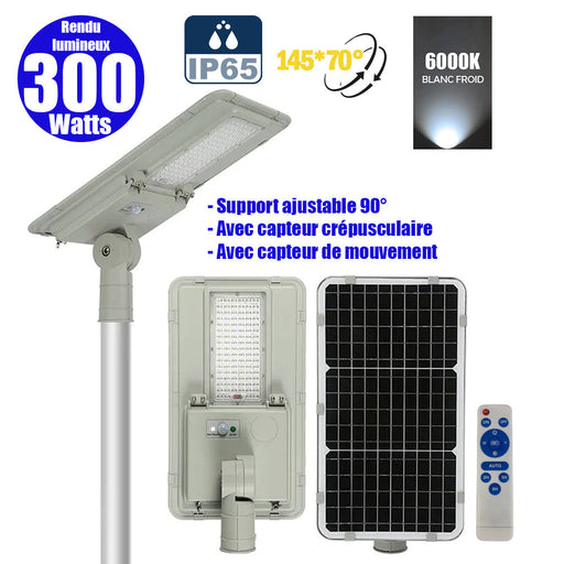 Lampadaire LED solaire ajustable - Série FLEX SOLAR - 300 Watts - 2500 Lumens - Angle 145*70° - Support ajustable à 90° - IP65 -  Lampe 66 x 33 x 13 cm - Panneau MONOCRISTALLIN - Détecteur de mouvement - Télécommande - 6000k - STRUCTURE ALUMINIUM
