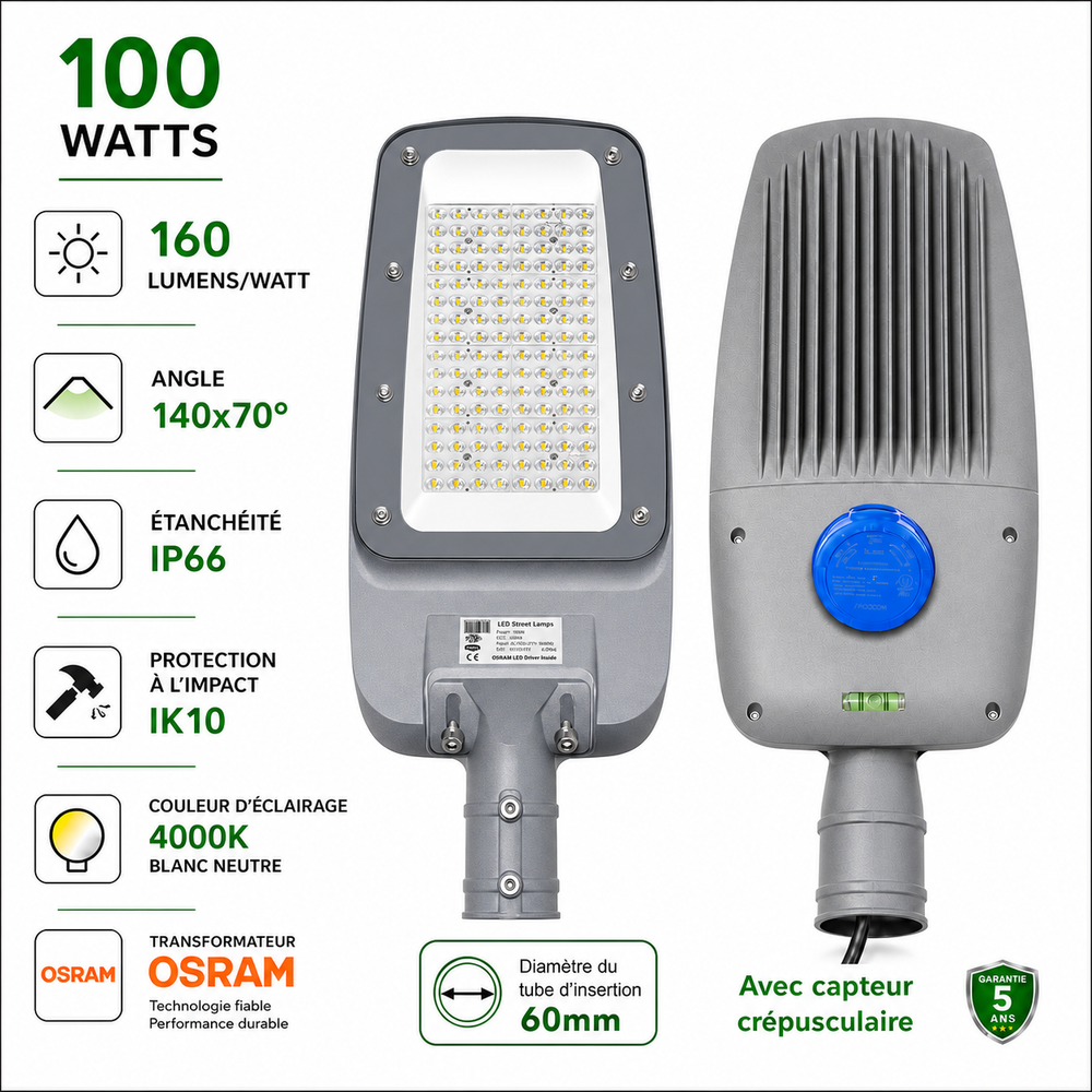 Lampadaire LED filaire - Série FLEX V4 EVO - 100 Watts - 16 000 Lumens - 160 Lumens/watt - Angle 140x70° - IP66  - 42 x 24 x 8 cm - Transformateur OSRAM - Tube d'insertion 60mm - Avec capteur crépusculaire - 4000k - Garantie 5 ans