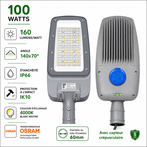 Lampadaire LED filaire - Série FLEX V4 EVO - 100 Watts - 16 000 Lumens - 160 Lumens/watt - Angle 140x70° - IP66  - 42 x 24 x 8 cm - Transformateur OSRAM - Tube d'insertion 60mm - Avec capteur crépusculaire - 4000k - Garantie 5 ans