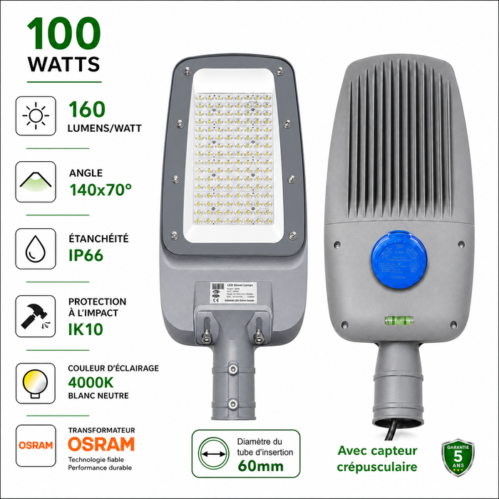 Lampadaire LED filaire - Série FLEX V4 EVO - 100 Watts - 16 000 Lumens - 160 Lumens/watt - Angle 140x70° - IP66  - 42 x 24 x 8 cm - Transformateur OSRAM - Tube d'insertion 60mm - Avec capteur crépusculaire - 4000k - Garantie 5 ans