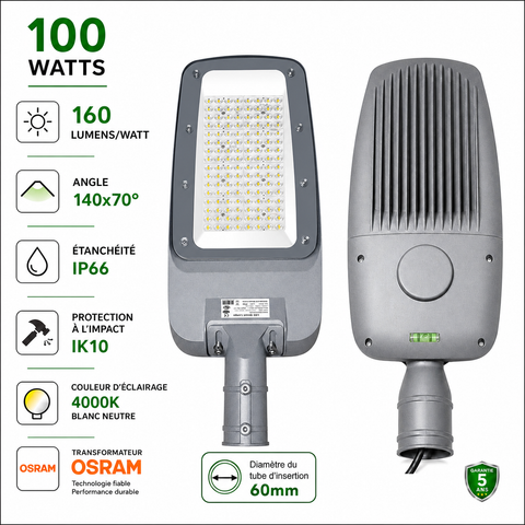 Lampadaire LED filaire - Série FLEX V4 - 100 Watts - 16 000 Lumens - 160 Lumens/watt - Angle 140x70° - IP66  - 42 x 24 x 8 cm - Transformateur OSRAM - Tube d'insertion 60mm - 4000k - Garantie 5 ans