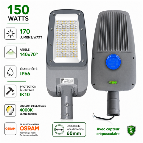 Lampadaire LED filaire - Série FLEX V4 EVO - 150 Watts - 25 500 Lumens - 170 Lumens/watt - Angle 140x70° - IP66  - 55 x 28 x 8 cm - Transformateur OSRAM - Tube d'insertion 60mm - Avec capteur crépusculaire - 4000k - Garantie 5 ans