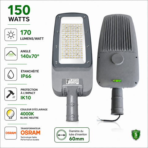 Lampadaire LED filaire - Série FLEX V4 - 150 Watts - 25 500 Lumens - 170 Lumens/watt - Angle 140x70° - IP66  - 55 x 28 x 8 cm - Transformateur OSRAM - Tube d'insertion 60mm - 4000k - Garantie 5 ans