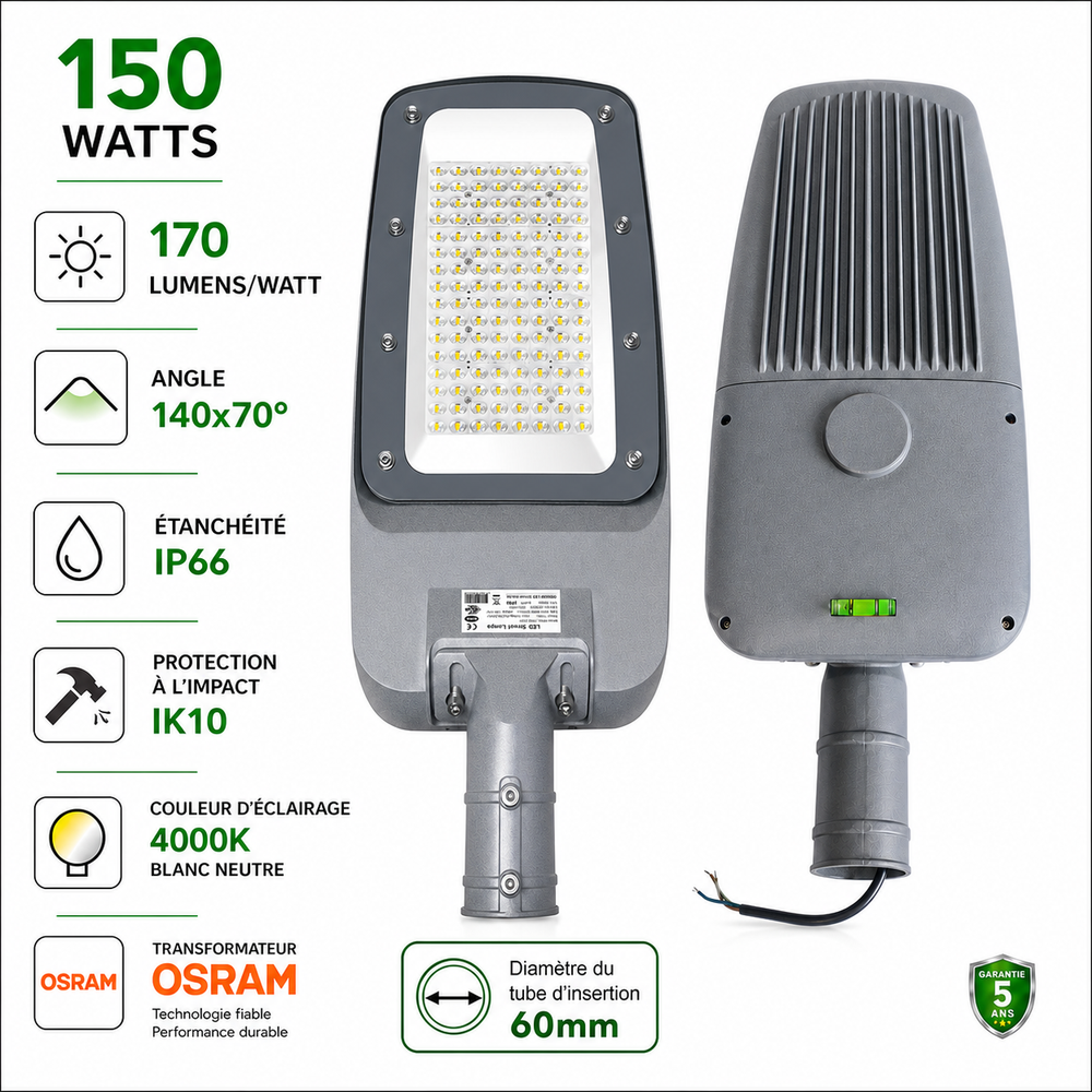 Lampadaire LED filaire - Série FLEX V4 - 150 Watts - 25 500 Lumens - 170 Lumens/watt - Angle 140x70° - IP66  - 55 x 28 x 8 cm - Transformateur OSRAM - Tube d'insertion 60mm - 4000k - Garantie 5 ans