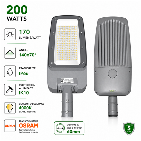 Lampadaire LED filaire - Série FLEX V4 - 200 Watts - 34 000 Lumens - 170 Lumens/watt - Angle 140x70° - IP66  - 60 x 28 x 8 cm - Transformateur OSRAM - Tube d'insertion 60mm - 4000k - Garantie 5 ans