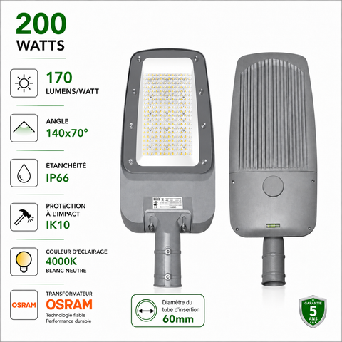 Lampadaire LED filaire - Série FLEX V4 - 200 Watts - 34 000 Lumens - 170 Lumens/watt - Angle 140x70° - IP66  - 60 x 28 x 8 cm - Transformateur OSRAM - Tube d'insertion 60mm - 4000k - Garantie 5 ans