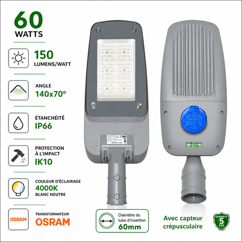 Lampadaire LED filaire - Série FLEX V4 EVO - 60 Watts - 9000 Lumens - 150 Lumens/watt - Angle 140x70° - IP66  - 37 x 18 x 8 cm - Transformateur OSRAM - Tube d'insertion 60mm - Avec capteur crépusculaire - 4000k - Garantie 5 ans