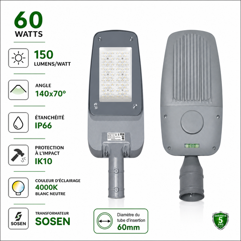 Lampadaire LED filaire - Série FLEX V4 - 60 Watts - 9000 Lumens - 150 Lumens/watt - Angle 140x70° - IP66  - 37 x 18 x 8 cm - Transformateur SOSEN - Tube d'insertion 60mm - 4000k - Garantie 5 ans