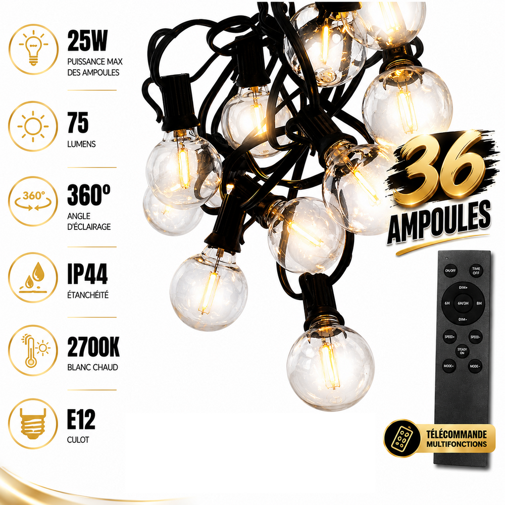 Guirlande lumineuse filaire de 36 ampoules - Série GUINGUETTE - Culot E12 - 25 Watts - 75 Lumens - Angle 360° - IP44 - 22 mètres - Couleur NOIR - Avec télécommande - 2700K