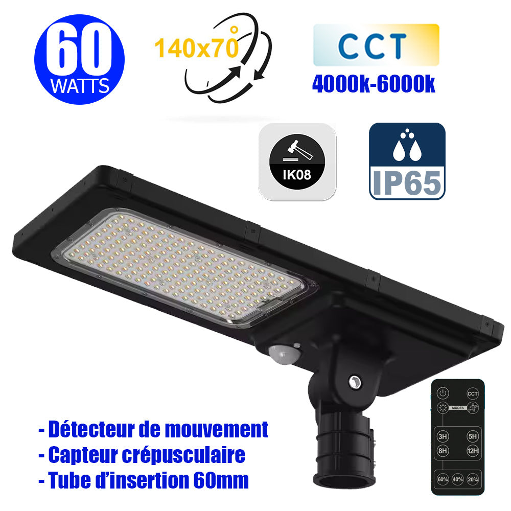 Lampadaire LED hybride - Série HYBRID V1 - Solaire & Filaire - CCT(Couleur Changeante en Température) - 60 Watts - 9600 Lumens - IP65 - IK08 - Angle 140ºx70° - Panneau MONOCRISTALLIN - Tube d'insertion 60mm - Détecteur de mouvement - Télécommande