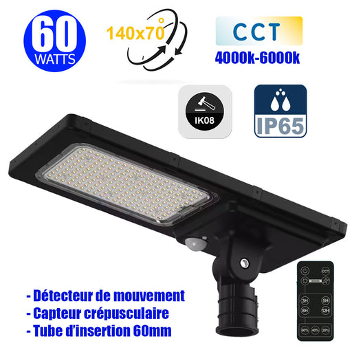 Lampadaire LED hybride - Série HYBRID V1 - Solaire & Filaire - CCT(Couleur Changeante en Température) - 60 Watts - 9600 Lumens - IP65 - IK08 - Angle 140ºx70° - Panneau MONOCRISTALLIN - Tube d'insertion 60mm - Détecteur de mouvement - Télécommande