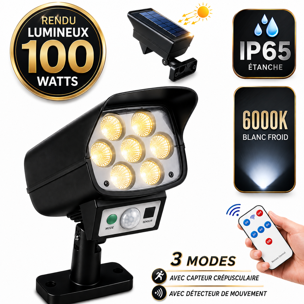 Projecteur LED solaire de sécurité - Série ILLUSION BLACK – Rendu lumineux 100 Watts - IP65 - 16 x 15 x 9 cm - 3 modes - Télécommande - Avec détecteur de mouvement – Fonction détection 0-100% - Avec capteur crépusculaire - 6000k