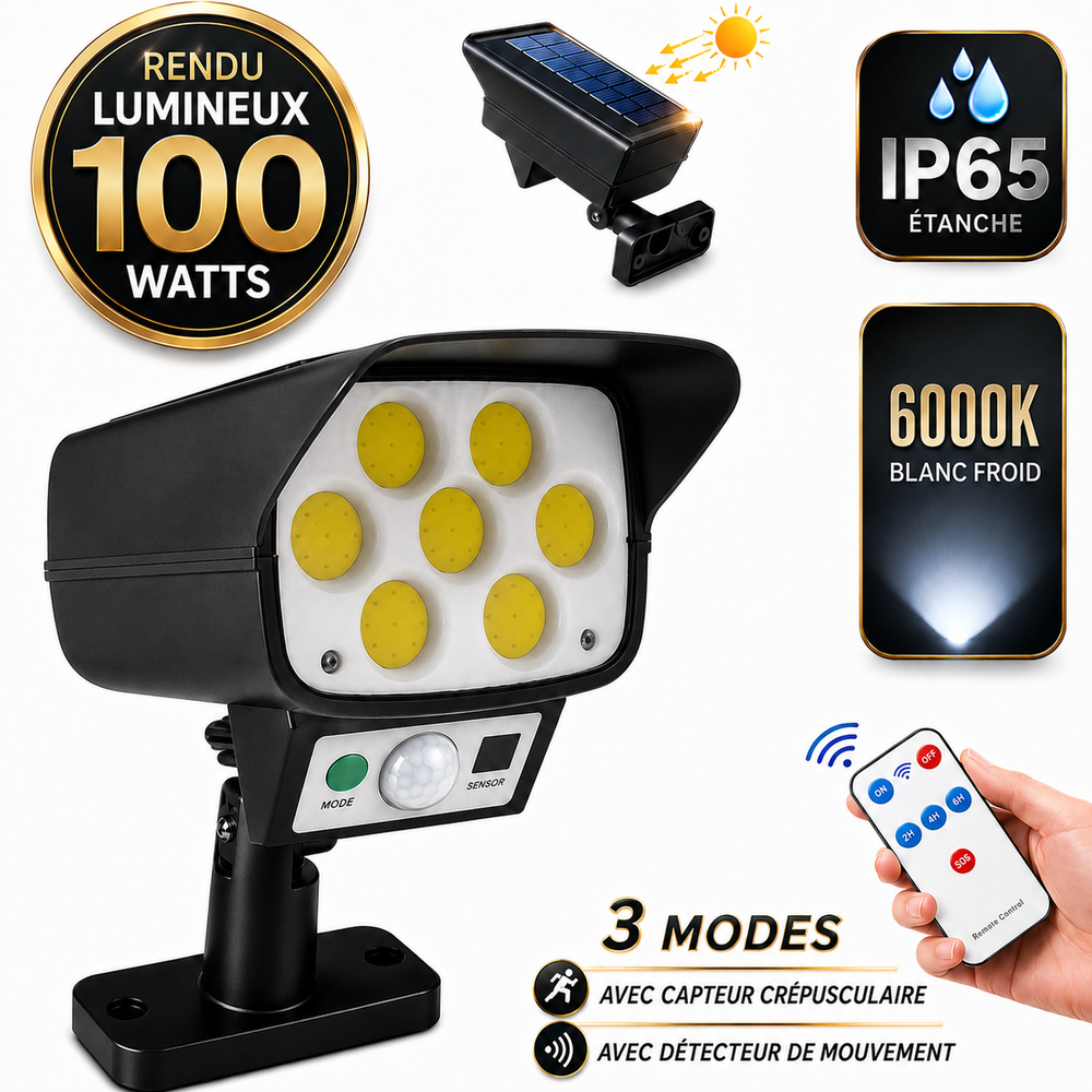 Projecteur LED solaire de sécurité - Série ILLUSION BLACK – Rendu lumineux 100 Watts - IP65 - 16 x 15 x 9 cm - 3 modes - Télécommande - Avec détecteur de mouvement – Fonction détection 0-100% - Avec capteur crépusculaire - 6000k