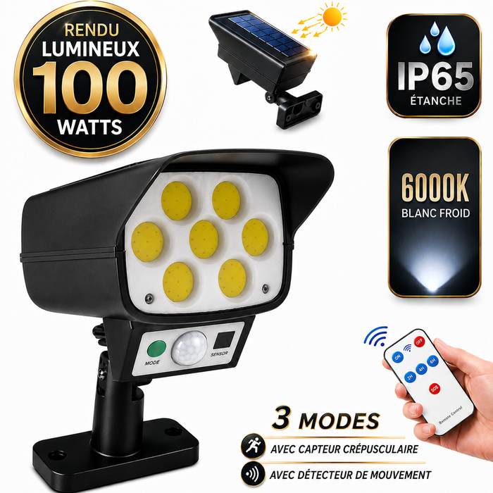 Projecteur LED solaire de sécurité - Série ILLUSION BLACK – Rendu lumineux 100 Watts - IP65 - 16 x 15 x 9 cm - 3 modes - Télécommande - Avec détecteur de mouvement – Fonction détection 0-100% - Avec capteur crépusculaire - 6000k