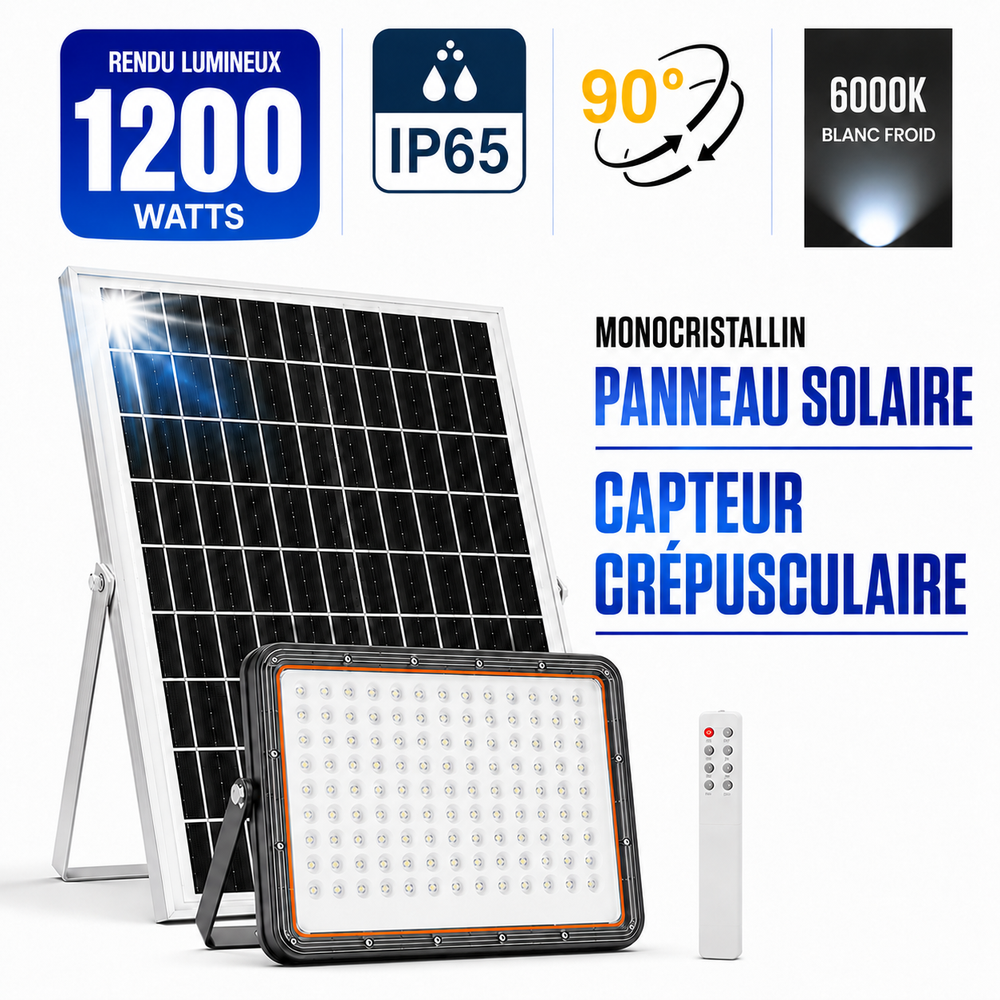 Projecteur LED solaire - Série PERFORMANCE V2 - 1200 Watts - 6000 Lumens - Angle 90° - IP65 - Lampe 30 x 23 x 4 cm - Avec télécommande - Capteur crépusculaire - 6000k