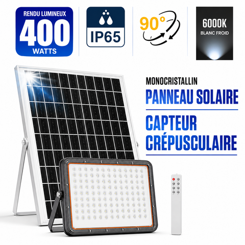 Projecteur LED solaire - Série PERFORMANCE V2 - 400 Watts - 6000 Lumens - Angle 90° - IP65 - Lampe 30 x 23 x 4 cm - Avec télécommande - Capteur crépusculaire - 6000k