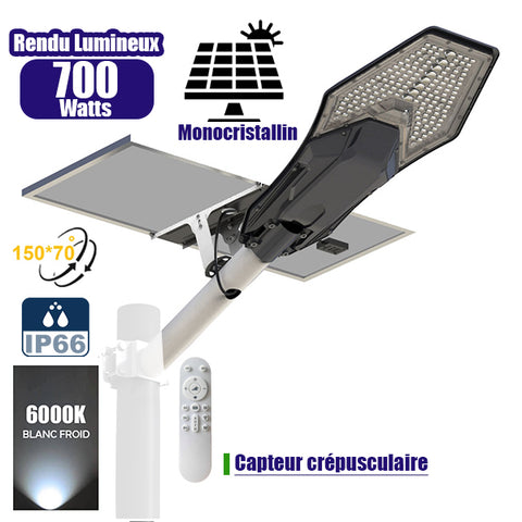 Lampe de rue solaire - Série INTERSTELLAR ELITE 700 Watts - 4800 Lumens - Angle 150*70° - IP66 - Lampe 65 x 32 x 10 cm - Panneau MONO 70 x 35 x 2 cm - Contrôleur intelligent - Avec télécommande - 6000k - Support inclus - Capteur crépusculaire