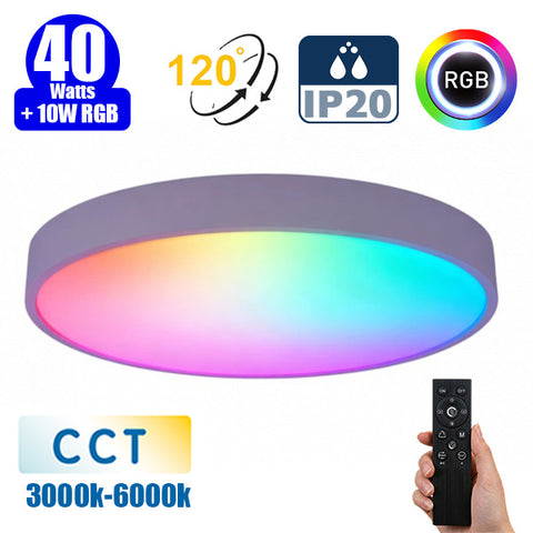 Plafonnier LED Filaire - CCT (Couleur Changeante en Température) et RGB Multicolores - 40 Watts + RGB 10 Watts - 3000 Lumens – 75 Lumens/watt - Angle 120° - IP20 - 49 x 8 cm - Fonction mémoire - Avec télécommande multifonctions
