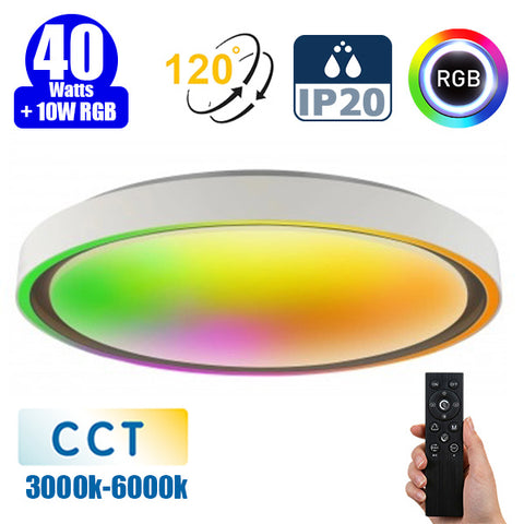 Plafonnier LED Filaire - CCT (Couleur Changeante en Température) et RGB Multicolores - 40 Watts + RGB 10 Watts - 3000 Lumens – 75 Lumens/watt - Angle 120° - IP20 - 49 x 8 cm - Fonction mémoire - Avec télécommande multifonctions