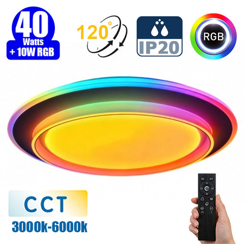 Plafonnier LED Filaire - CCT (Couleur Changeante en Température) et RGB Multicolores - 40 Watts + RGB 10 Watts - 3000 Lumens – 75 Lumens/watt - Angle 120° - IP20 - 50 x 7 cm - Fonction mémoire - Avec télécommande multifonctions