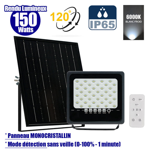 Projecteur LED solaire - Série SECURITY ULTRA - 150 Watts - 900 Lumens - Angle 120° - IP65 - Lampe 21 x 20 x 5 cm - Panneau solaire MONOCRISTALLIN 23 x 21 x 2 cm - Télécommande - 6000k - Mode de détection sans veille (0-100% - 1 minute)