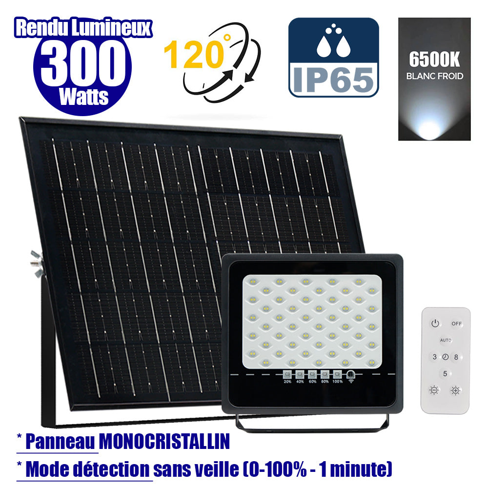 Projecteur LED solaire - Série SECURITY ULTRA - 300 Watts - 1500 Lumens - Angle 120° - IP65 - Lampe 24 x 23 x 5 cm - Panneau solaire MONOCRISTALLIN 38 x 24 x 2 cm - Télécommande - 6500k - Mode de détection sans veille (0-100% - 1 minute)