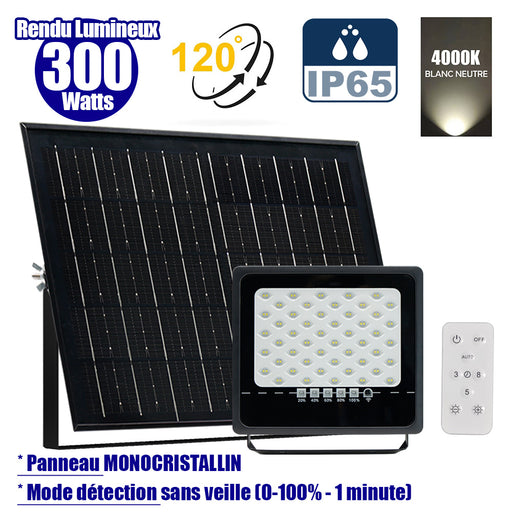 Projecteur LED solaire - Série SECURITY ULTRA - 300 Watts - 1500 Lumens - Angle 120° - IP65 - Lampe 24 x 23 x 5 cm - Panneau solaire MONOCRISTALLIN 38 x 24 x 2 cm - Télécommande - 4000k - Mode de détection sans veille (0-100% - 1 minute)