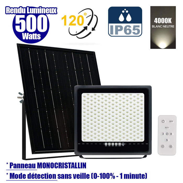 Projecteur LED solaire - Série SECURITY ULTRA - 500 Watts - 3000 Lumens - Angle 120° - IP65 - Lampe 32 x 32 x 5 cm - Panneau solaire MONOCRISTALLIN 42 x 38 x 3 cm - Télécommande - 4000k - Mode de détection sans veille (0-100% - 1 minute)