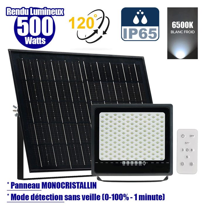 Projecteur LED solaire - Série SECURITY ULTRA - 500 Watts - 3000 Lumens - Angle 120° - IP65 - Lampe 32 x 32 x 5 cm - Panneau solaire MONOCRISTALLIN 42 x 38 x 3 cm - Télécommande - 6500k - Mode de détection sans veille (0-100% - 1 minute)
