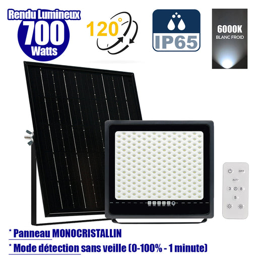 Projecteur LED solaire - Série SECURITY ULTRA - 700 Watts - 4000 Lumens - Angle 120° - IP65 - Lampe 37 x 36 x 5 cm - Panneau solaire MONOCRISTALLIN 45 x 42 x 3 cm - Télécommande - 6000k - Mode de détection sans veille (0-100% - 1 minute)