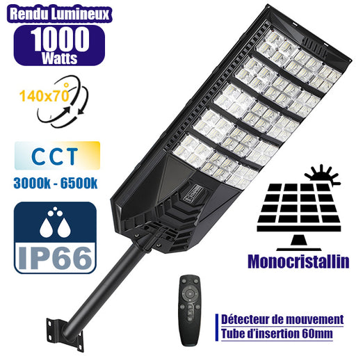 Lampadaire solaire extérieur de rue / parking - Série POWER ULTRA V2 CCT (Couleur Changeante en Température) - Rendu Lumineux 1000 Watts - 4200 Lumens - Angle 140*70° - IP66 - 77 x 34 x 6 cm - Télécommande - Détecteur de mouvement - Tube d’insertion 60 mm