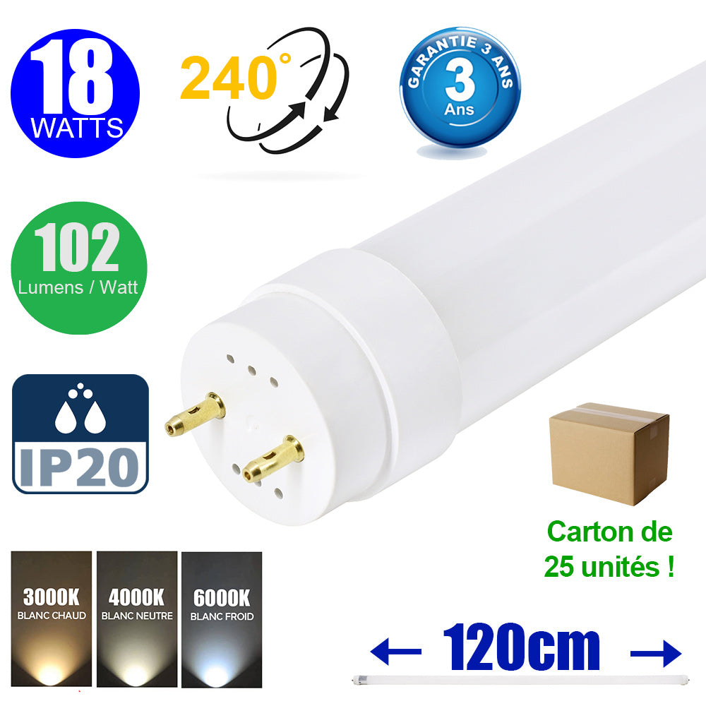 Carton de 25x Tubes / Néons LED T8 120CM - Culot G13 - Filaire - 18 Watts - 1850 Lumens - 102 Lumens/watt - IP20 - Angle 240° - 120 x 3 x 3 cm - 3000k/4000k/6000k au choix - Garantie 3 ans